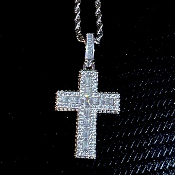 Cernucci Baguette Cross Pendant Necklace, White Gold, 24IN Chain - Picture 1 of 3